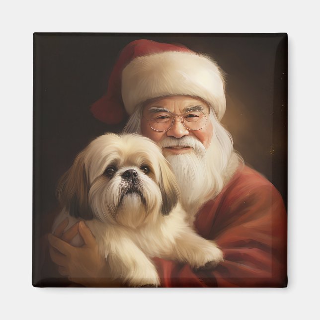 Imã Lhasa Apso Com Papai Noel Natal Festivo (Frente)