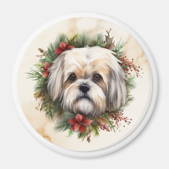 Imã Lhasa Apso Grinalda de Natal Cachorrinho Festivo (Frente)