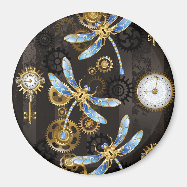 Imã Libélulas Steampunk em fundo listrado marrom (Frente)