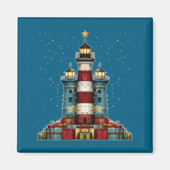 Imã Lighthouse Seaside Christmas Tree Xmas Long Sleeve (Frente)
