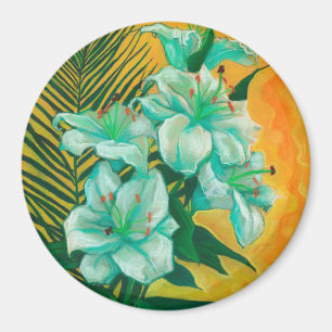 Imã Lily e Palm, arte floral, branca, amarelo e verde