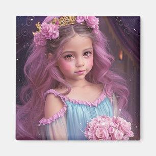 Imã Linda garota com flores rosa no cabelo