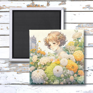 Imã Linda Garota de Anime em Flores Amarelas e Brancas