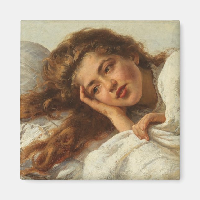 Imã Linda garota deitada na cama com cabelo vermelho (Frente)