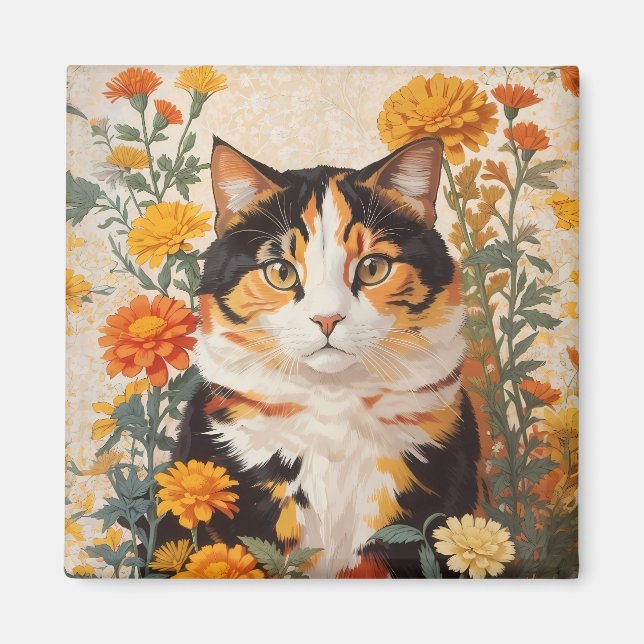 Imã Linda Gato Calico Com Flores Marigold (Frente)
