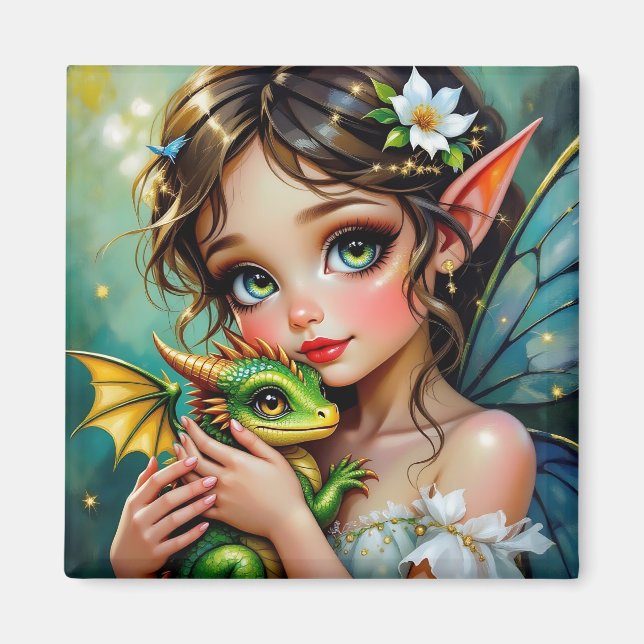 Imã Linda Menina com Tema de Fada e Dragão  (Frente)