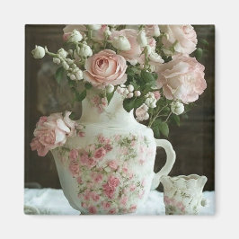 Imã Lindas Rosas Cor-de-Rosa em Velho Antigo Bule de C