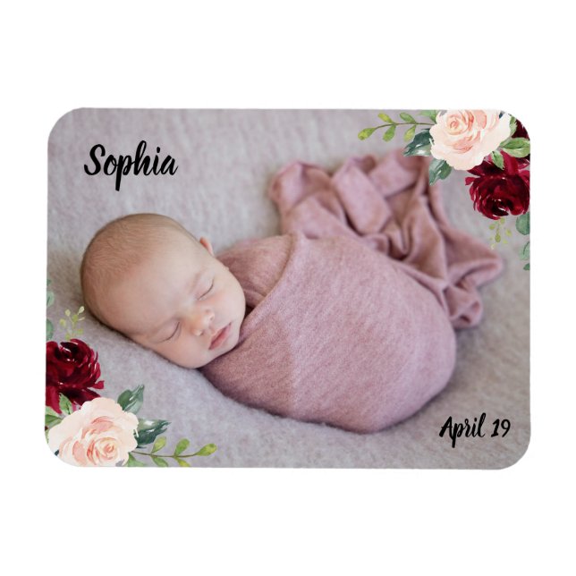 Ímã Lindo Foto de Bebê Menina Flores Blush (Horizontal)