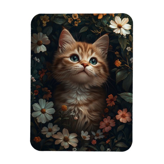 Ímã Lindo Gatinho Laranja com Flores Silvestres (Vertical)