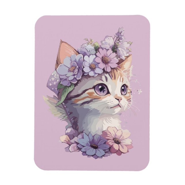 Ímã Lindo Gato Violeta Aquarela com Flora (Vertical)