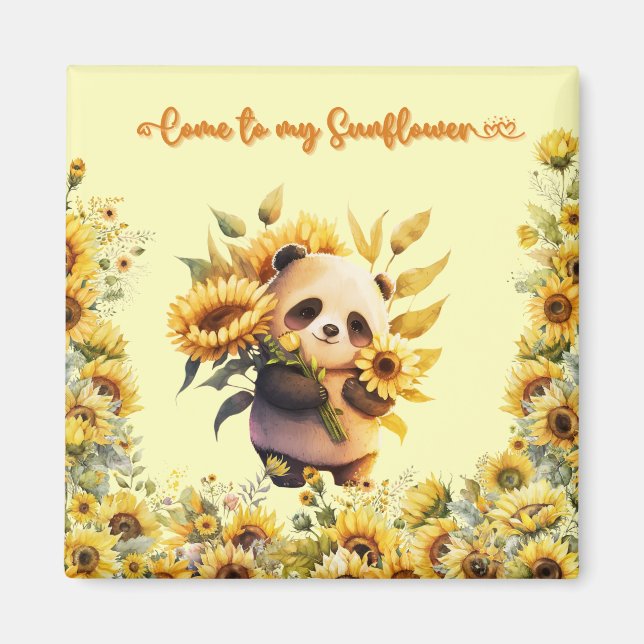 Imã Lindo Panda Segurando Girassóis | ímã Quadrado (Frente)