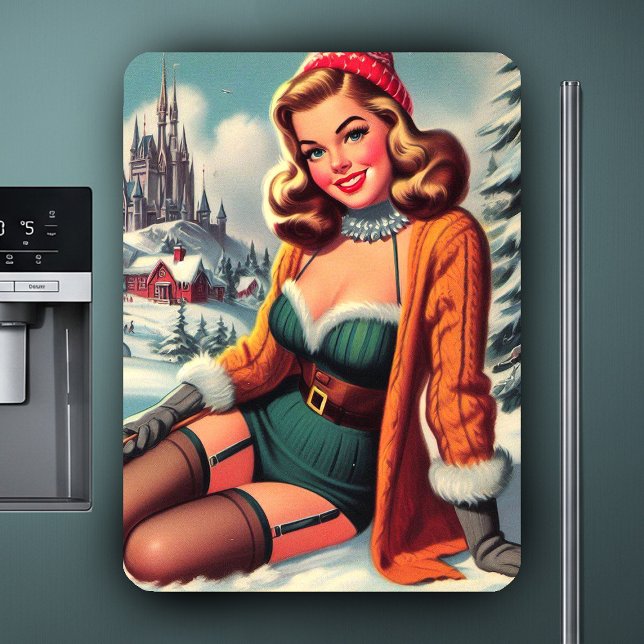 Ímã Lindo Pin-up de Inverno Retrô (Criador carregado)