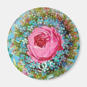 Imã LINDO PINK ROSE E BLUE FLOWERS Monograma