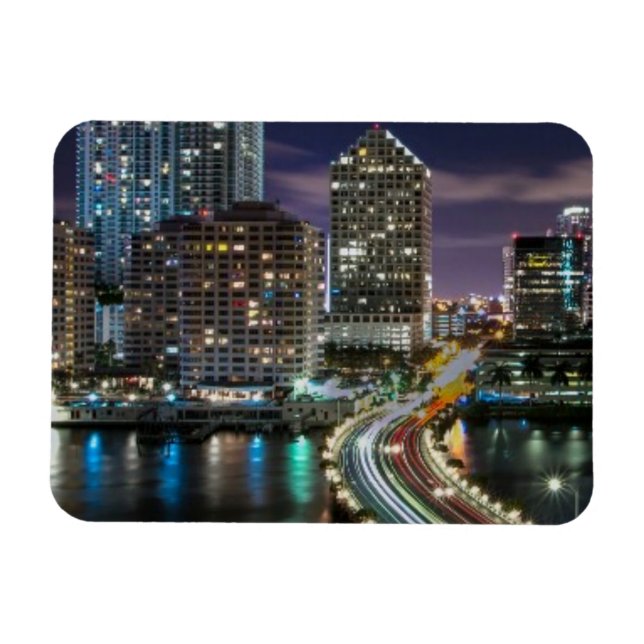 Ímã Linha Skyline da cidade de Miami com ponte à noite (Horizontal)