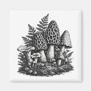 Imã Linocut de cogumelos florestais vintage