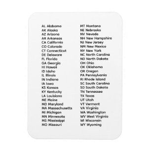 Ímã Lista dos 50 Estados por Ordem Alfabética