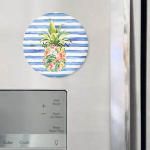 Imã Listras Brancas Azuis Floral Tropical Abacaxi