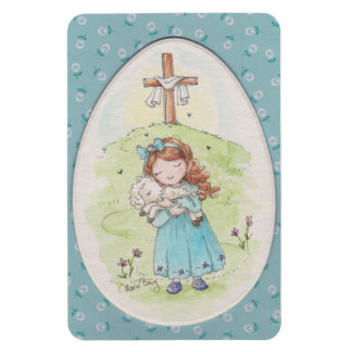 Ímã Little Girl Holding a Lamb Easter Morning