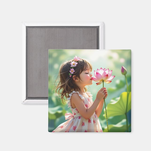Imã Little Girl Smelling a Pink Rose Personalized (Front/Back)
