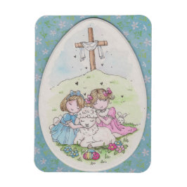 Ímã Little Girls and Little Lamb on Easter Morning