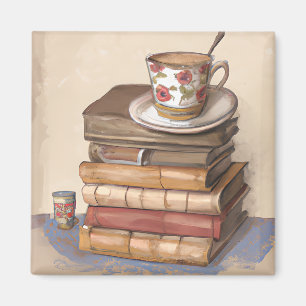 Imã Livros Antigos e uma Xícara de Café