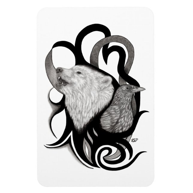 Ímã Lobo Branco com Arte Tribal Raven (Vertical)