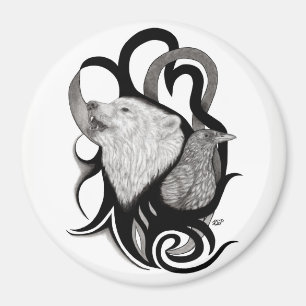 Imã Lobo Branco com Arte Tribal Raven