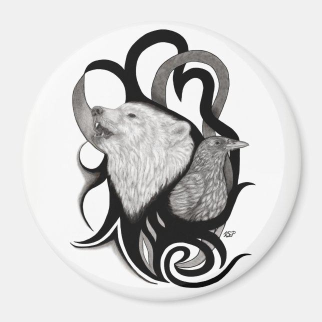 Imã Lobo Branco com Arte Tribal Raven (Frente)