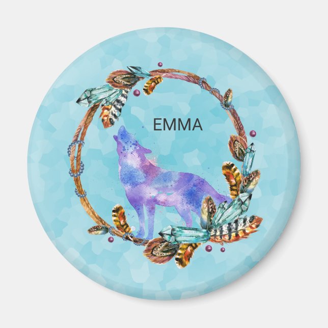 Imã Lobo de Aquarela com Boho Style e Wreath Personali (Frente)