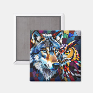 Imã Lobo e Coruja Vibrantes e Coloridos 