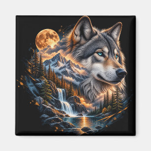 Imã Lobo Majestoso Luar Cheio Montanha Cachoeira Quadr
