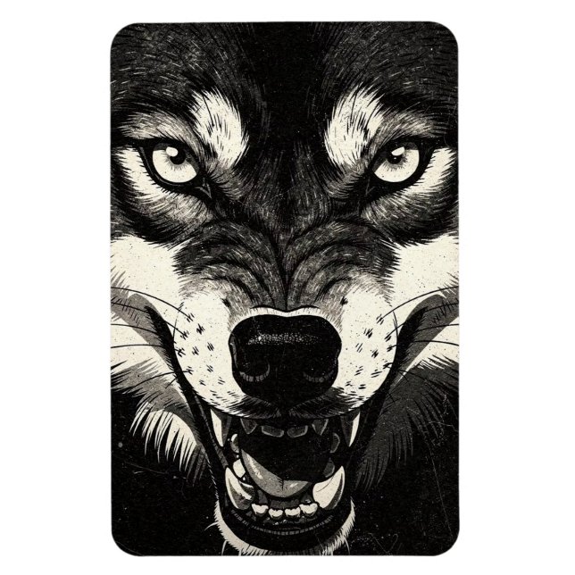 Ímã Lobo Rosnando Estilo Gráfico Preto e Branco dos An (Vertical)