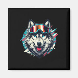 Imã Lobo Usando Óculos de Esqui Snowboard Lobo Esquian