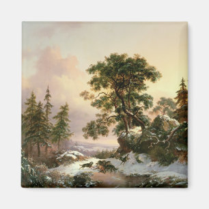 Imã Lobos em uma paisagem do inverno (óleo no painel)