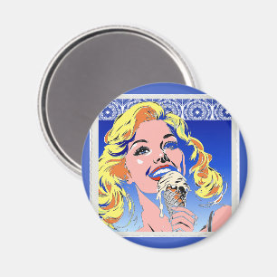 Imã Loira Comendo Sorvete Colorido Estilo Pop Art dos