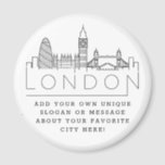 Imã London Skyline | Mensagem de Cidade Personalizada<br><div class="desc">Um favor ímã único representando a bela cidade de Londres. Este chaveiro apresenta uma ilustração estilizada do horizonte único da cidade com seu nome embaixo. Por baixo do nome da cidade está um lugar para o seu slogan ou afirmação exclusivo sobre a sua cidade favorita.</div>