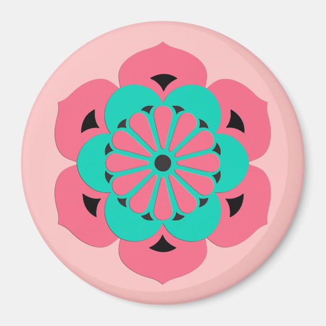 Imã Lotus Flower Mandala, Coral Rosa e Turquesa (Frente)