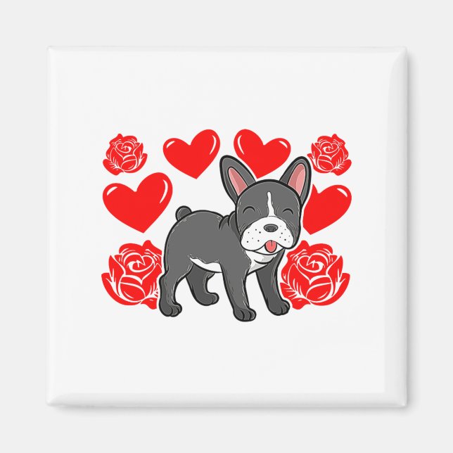 Imã Love Heart Valentines Day Roses French Bulldog Bo  (Frente)