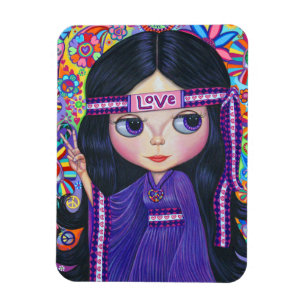 Ímã Love Hippie Girl Sinal de Paz Cute Big Eye