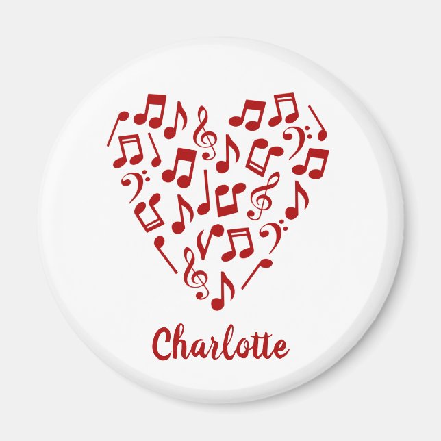 Imã Love Music Heart of Red Music Notes with Name (Frente)