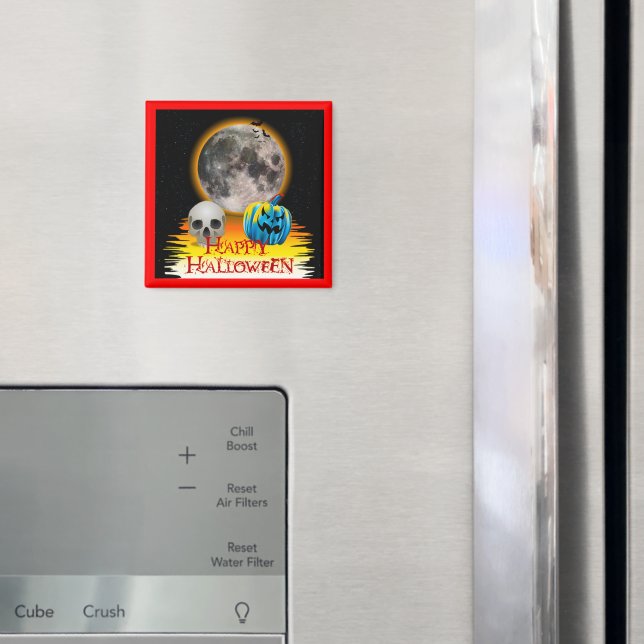 Imã Lua cheia, crânio e abóbora azul à noite. (In Situ (Fridge))