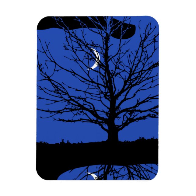 Ímã Lua com árvore, azul cobalto, preto e branco (Vertical)