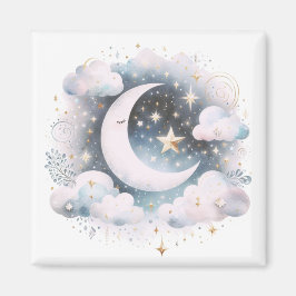 Imã Lua Crescente Azul e Branco Celestial Boho Moderno