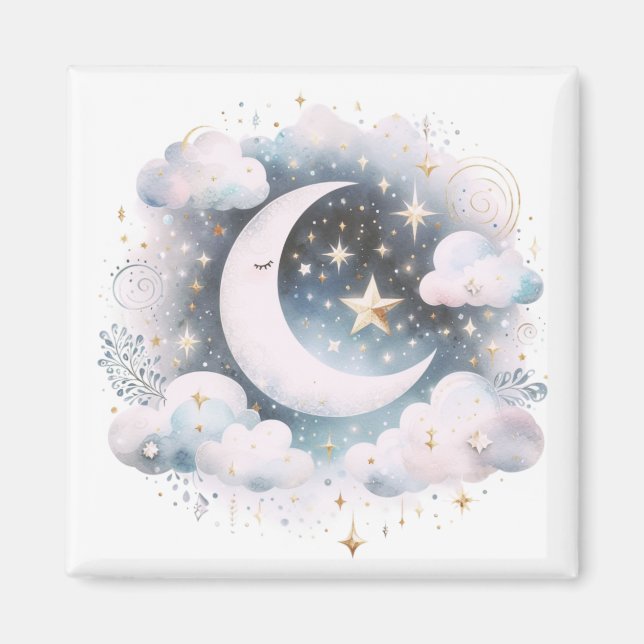 Imã Lua Crescente Azul e Branco Celestial Boho Moderno (Frente)