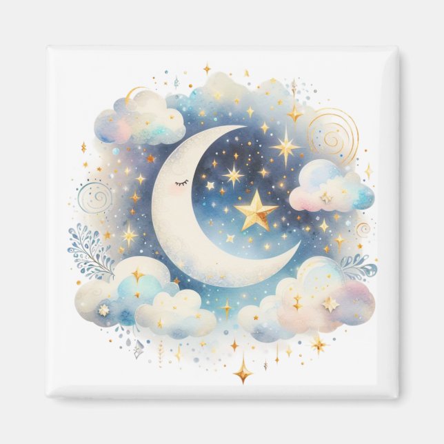 Imã Lua Crescente Azul e Branco Celestial Boho Moderno (Frente)