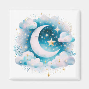 Imã Lua Crescente Azul e Branco Celestial Boho Moderno