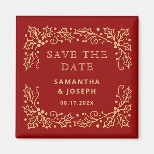 Imã Luxo Vermelho & Antigo Save the Date Dourado