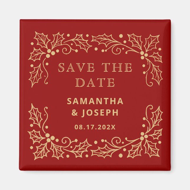 Imã Luxo Vermelho & Antigo Save the Date Dourado (Frente)
