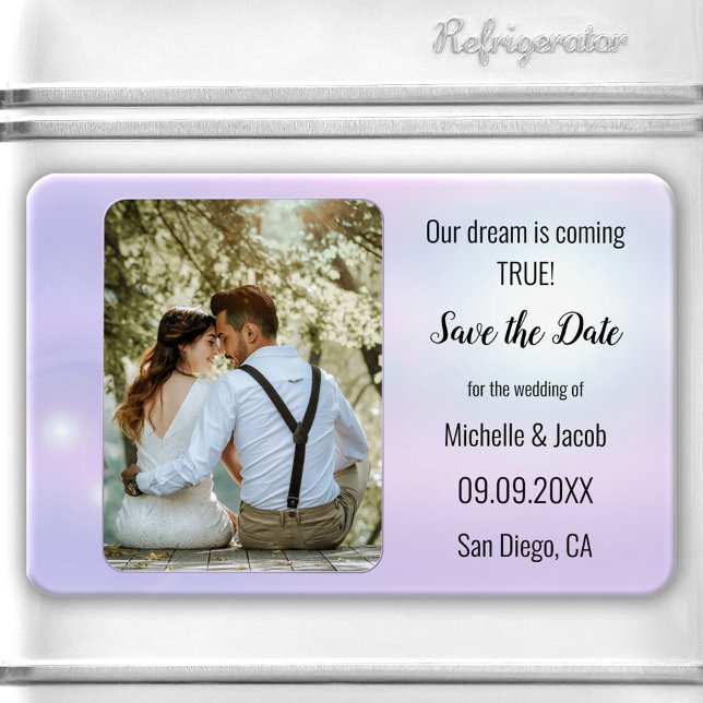 Ímã Luzes Azuis Lilás Sonhadoras Foto Salvar a Data (Save the Date magnet featuring your own photo framed by a romantic dreamy lilac blue lights design.)