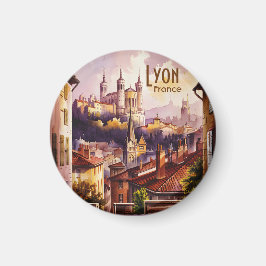 Imã Lyon France Travel Vintage Watercolor Cityscape